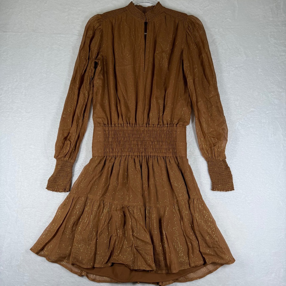 A.L.C. Silk‎ Metallic Gold Pinstripe Smocked Tiered Mini Dress Brown Size 4